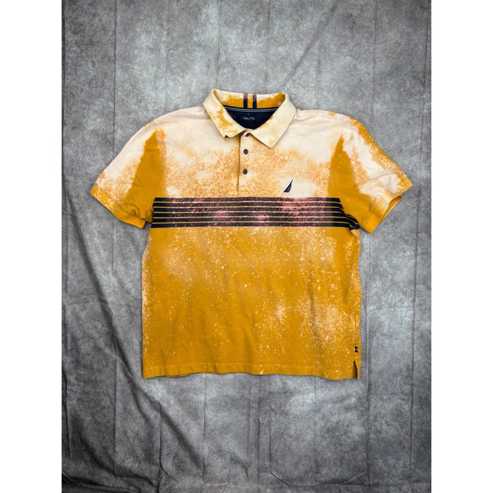 Nautica Mens XL Polo Shirt Mustard Yellow Bleach Thrashed Striped Short Slv